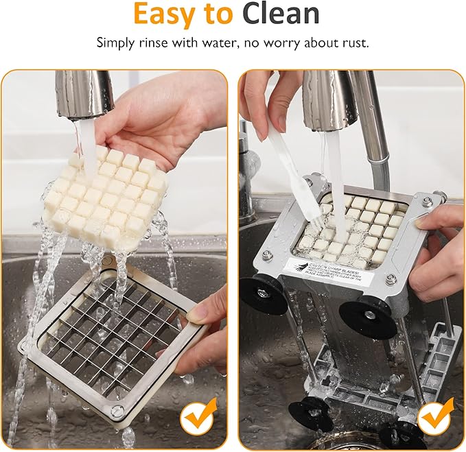 Sunvivi French Fry Cutter Stainless Steel Potato Slicer: with 2 Replaceable blades (1/2 & 3/8 Inch), Professional Fries Cutter for Potatoes, Carrots, Cucumber, Onion, Yam