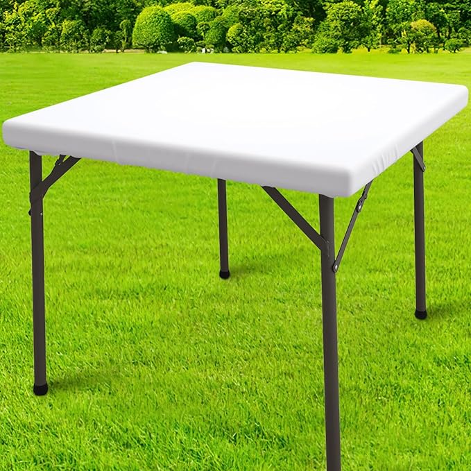 homing Square Table Cloth Cover, Water-Resistant Polyester Elastic Fitted Tablecloth, Washable Table Protector for Picnic, Camping, Outdoor (White, 34" x 34")