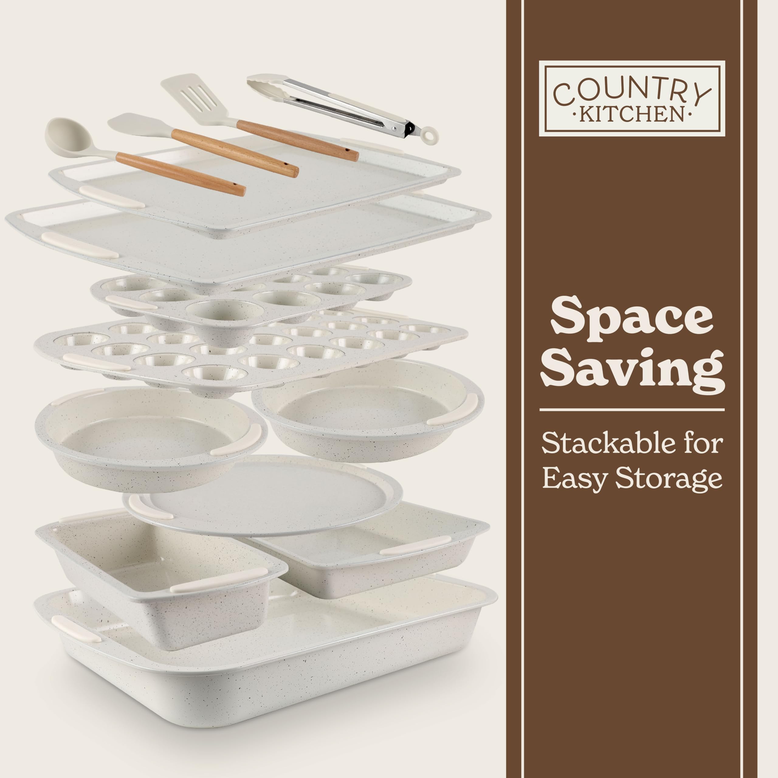 Country Kitchen Nonstick Stackable Bakeware Set - Durable, Easy Release Baking Set, Cream, 14 Pcs