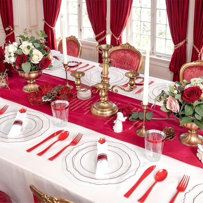 Liacere 400PCS Pre Rolled Red Silverware and Napkin - Disposable Red Plastic Utensils-Wrapped Plastic Cutlery Set with Napkin:100Forks,100Knives,100Spoons,100Napkins for Party & Independence Day
