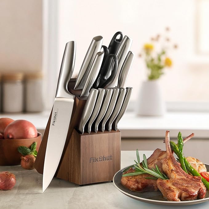 FIKSHOT 14 Pieces Knife Block Set German Stainless Steel with Sharpener