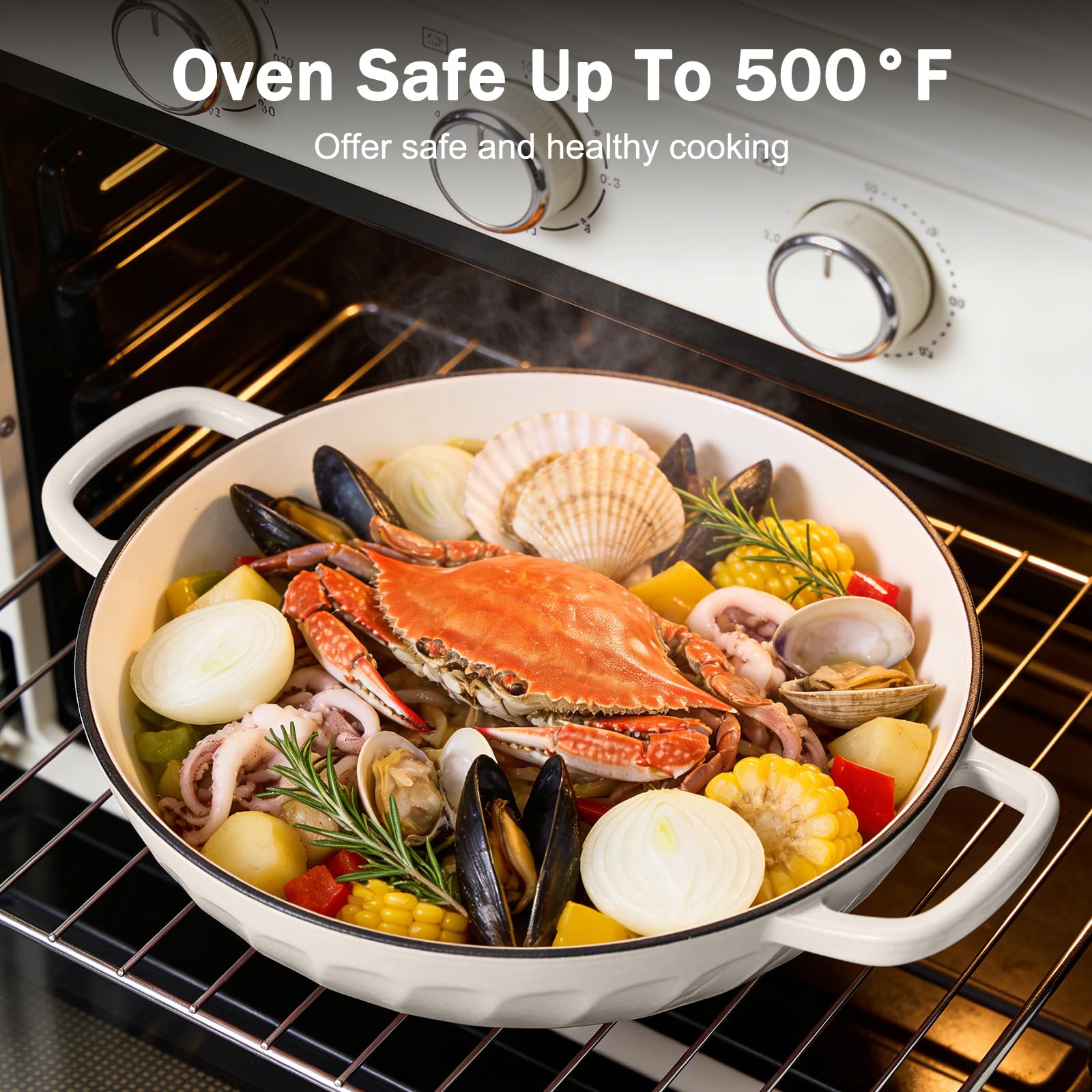 NSIRONS Enameled Cast Iron Dutch Oven, 3.8 Quart Dutch Oven Pot with Lid, Shallow Cast Iron Braiser with Handles, Oven Safe up to 500°F (Caramel White)