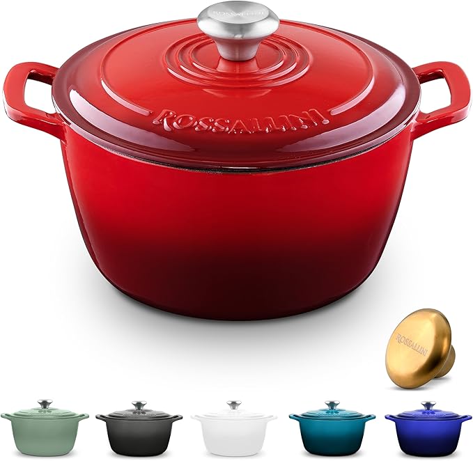 ROSSALLINI Signature Enameled Cast Iron Dutch Oven, Non-Stick Serving Pot with Tight Fitting Lid for Perfect Roasting, Baking, Sauteing, and Bread Making | 5.5Q (5.2L) - Red