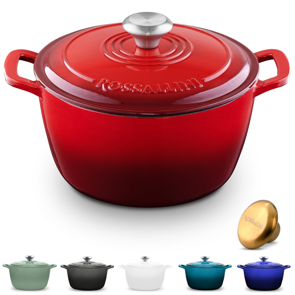 ROSSALLINI Signature Enameled Cast Iron Dutch Oven, Non-Stick Serving Pot with Tight Fitting Lid for Perfect Roasting, Baking, Sauteing, and Bread Making | 2Q (1.9L) - Red