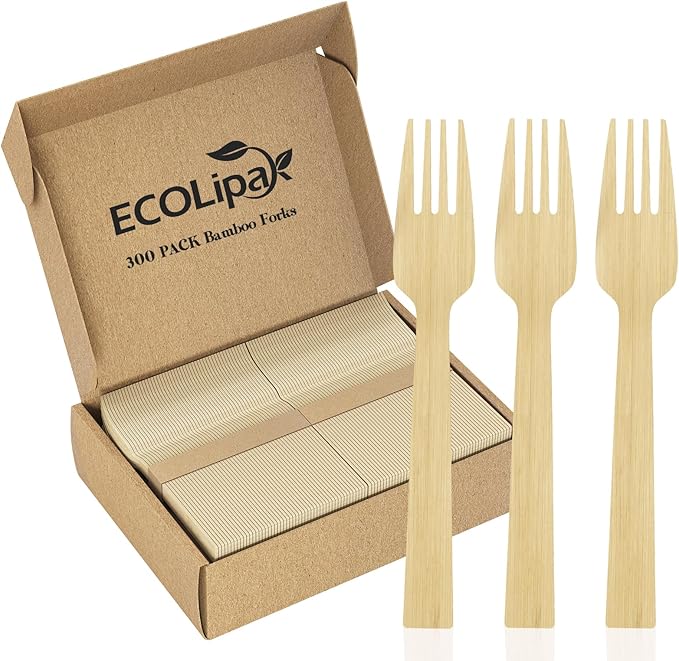 ECOLipak 300 Count Disposable Compostable Bamboo Forks for Party, Dinner