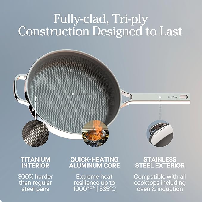 Our Place Titanium Always Pan Pro | 10.6" PFAS-Free Nonstick Frying Pan with Spatula | Chef-Grade Tri-Ply Stainless Steel & Aluminum Build | Induction & Oven-Safe up to 750°F | Gold