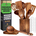 Wooden Spoons for Cooking, 12 Pcs Teak Utensil Set with Holder & Hooks