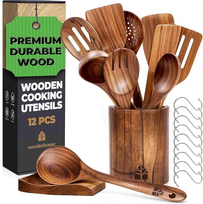 Wooden Spoons for Cooking, 12 Pcs Teak Utensil Set with Holder & Hooks