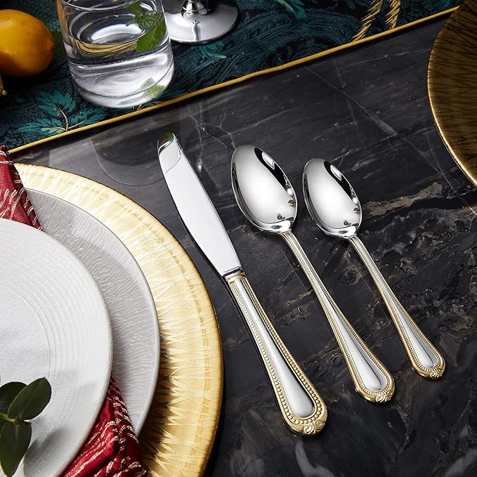 KEAWELL Premium Pearl Edge 20/45/65-Piece Silverware Set (45, Gold Accent)