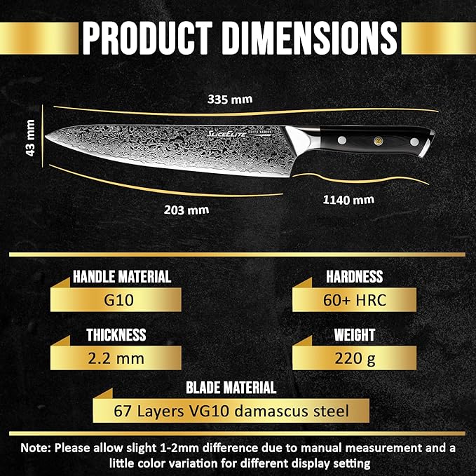 SliceElite Elite Series 8 Inch Chef Knife VG10 Damascus Steel Forged G10 Handle Sharp Kitchen Vegetable Meat Chopper Cutting Cooking Carving Precision Cleaver BBQ Fruit Professional Gift Blade Tool