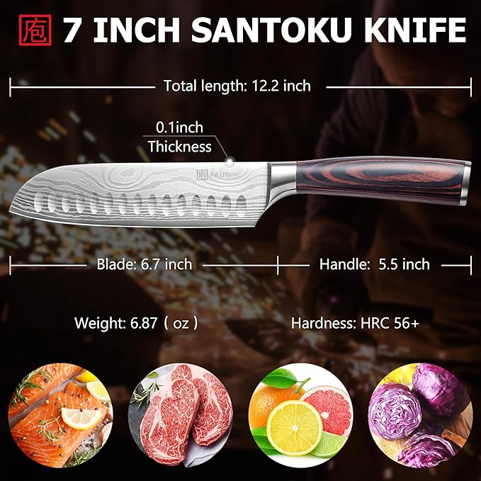 PAUDIN Santoku Knife Chef Knife, Ultra Sharp 7" Kitchen Knife for Cooking