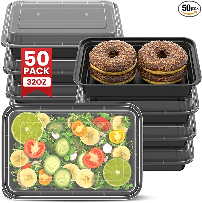Geisoun 32oz Meal Prep Containers [50-Pack], Reusable Bento Box with Easy-Snap Leakproof Lids - Microwave, Dishwasher & Freezer Safe Food Storage, BPA-Free Plastic Lunch Containers (Black)