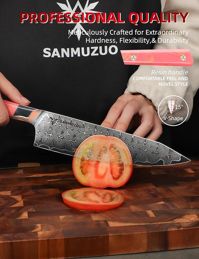 SANMUZUO Kitchen Chef Knife 8 Inch, Professional Kitchen Knife, Ultra Sharp Damascus Powder Steel with Full-tang Resin Handle, SHENG Series