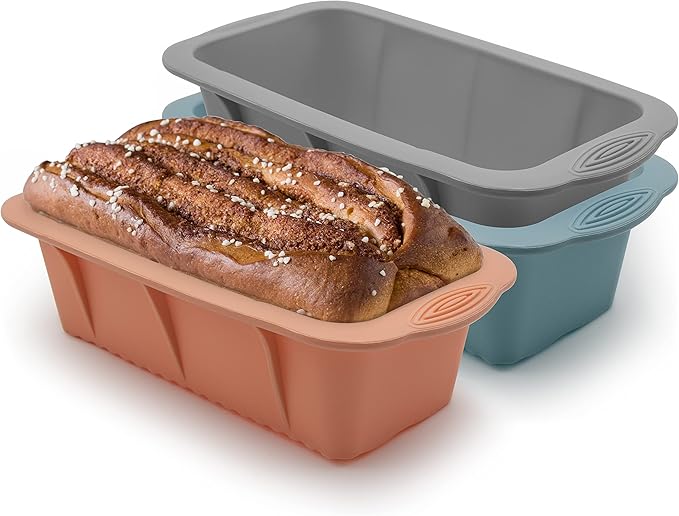 Baocuan 3 pack Silicone Bread Loaf Pans - Baking Mold For Baking Cakes,Brownies,Long loaf of bread Cheesecakes,Homemade Cakes Breads,Meatloaf,Ice brickand and More Set of 3 colors