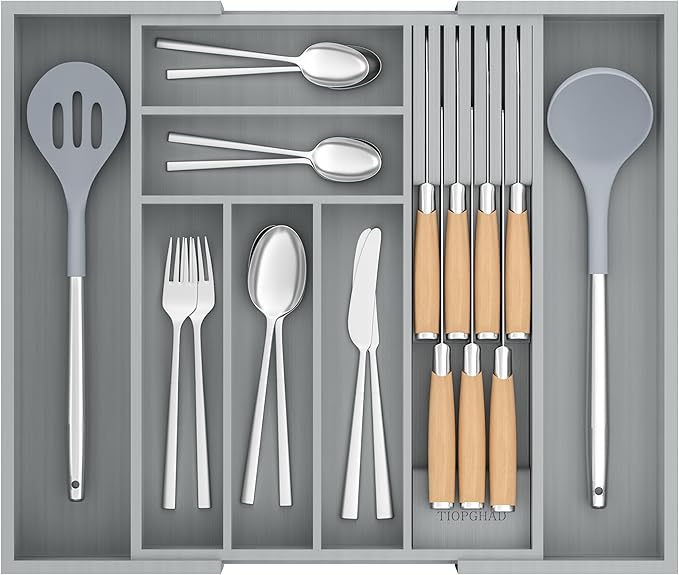 TIOPGHAD Expandable Bamboo Silverware Drawer Organizer Kitchen Tray, Grey