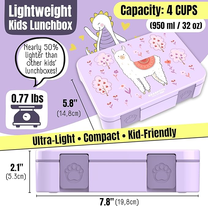 BEARFOOT Kids Lunch Box with Compartments – Compact & Lightweight | Leak-Proof, BPA-Free, Dishwasher Safe | Hand-Drawn Design for Preschool, School, Travel (Llama Purple, 4 Cups)