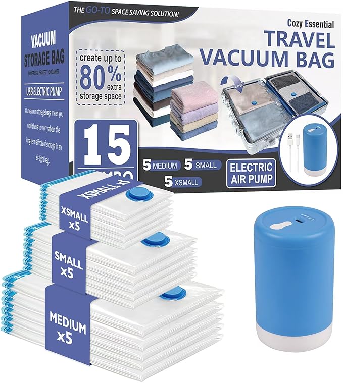 Cozy Essential Travel Vacuum Storage Bags with Rechargeable Cordless USB Pump, Space Saver Bags for Luggage, Suitcase, Carry-On, for Clothes, Blankets, Bedding & Seasonal Storage,15 Combo