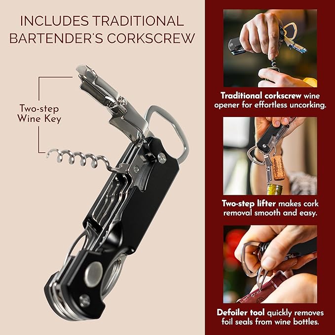 Bar Star Bartender's All-in-One Bar Tool Set: Corkscrew, Zester, Citrus Knife and Bottle Opener Kit with Magnet for Picnics, Tailgating, BBQs, Camping, Travel, Beach Parties and Bartending, Black