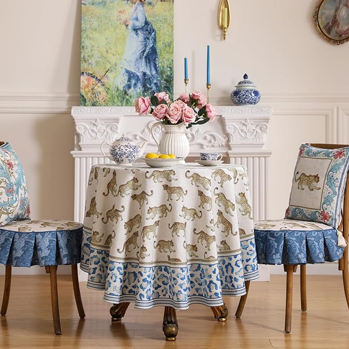 patdrea Vintage Leopard Print Linen Tablecloth,Round,Diameter 55"-from
