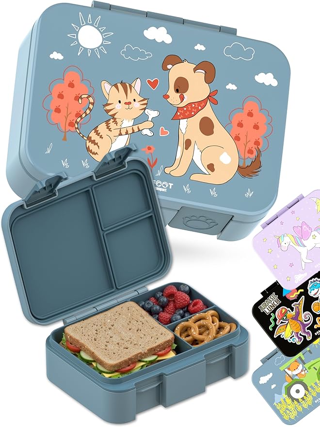 BEARFOOT Kids Lunch Box with Compartments – Compact & Lightweight | Leak-Proof, BPA-Free, Dishwasher Safe | Hand-Drawn Design for Preschool, School, Travel (Dog & Cat Blue, 2.75 Cups)