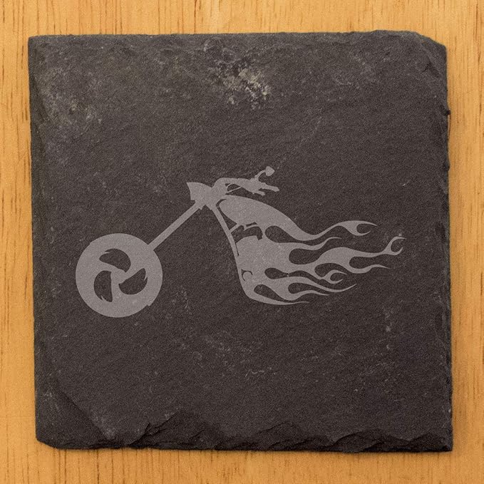 Engraved Flaming Chopper Slate Coasters Set of 4 – Square – USA Made