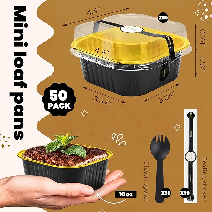 NPLUX Square Pans with Lids, 50 Pack Black Gold for Dessert Displays