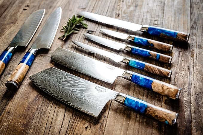 The Epicurean Cook Real Forged Damascus 8pc Japanese-Style Knife Set Blue
