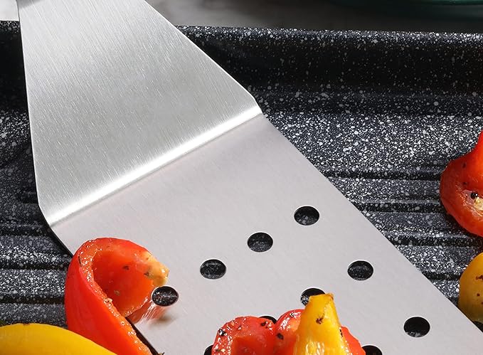 New Star Foodservice 14.5 Inch Perforated Flexible Grill Turner, Stainless Steel Spatula with Black Plastic Handle for Griddle, Flat Top, Grill, and Restaurant Use
