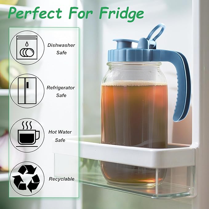 GMAEURL Mason Jar Pitcher With Stainless Steel Filter 64 OZ Wide Mouth Cold Brew Coffee Maker 2 Quart Glass water pitcher with lid Half Gallon Cold hot Tea maker For Lemonade Milk Juice Refrigerator