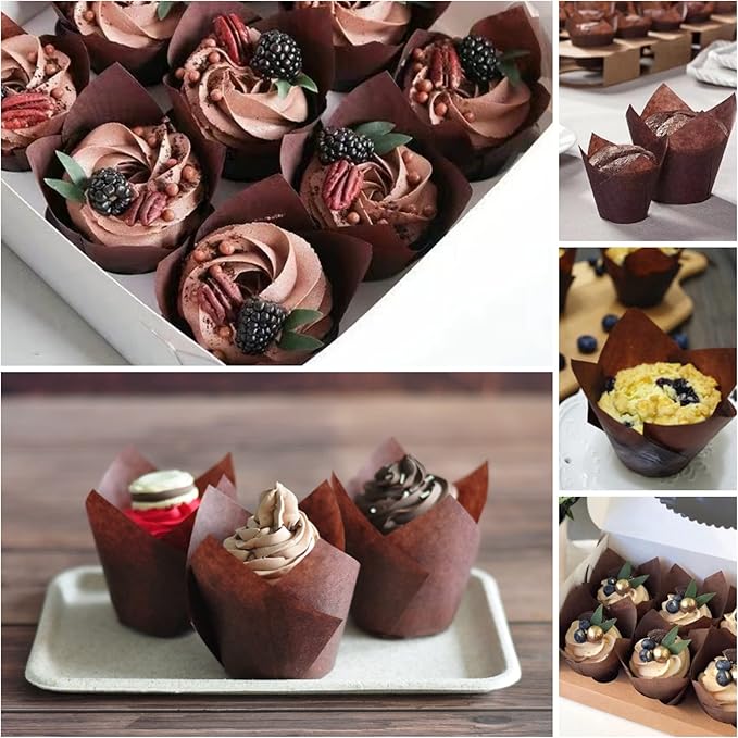 MyBakning Large size Brown Tulip Baking Cups 2-1/4"(Base diameter) x 4"(Wall height) Greaseproof paper baking cupcake Muffin liners, Case of 130 pcs