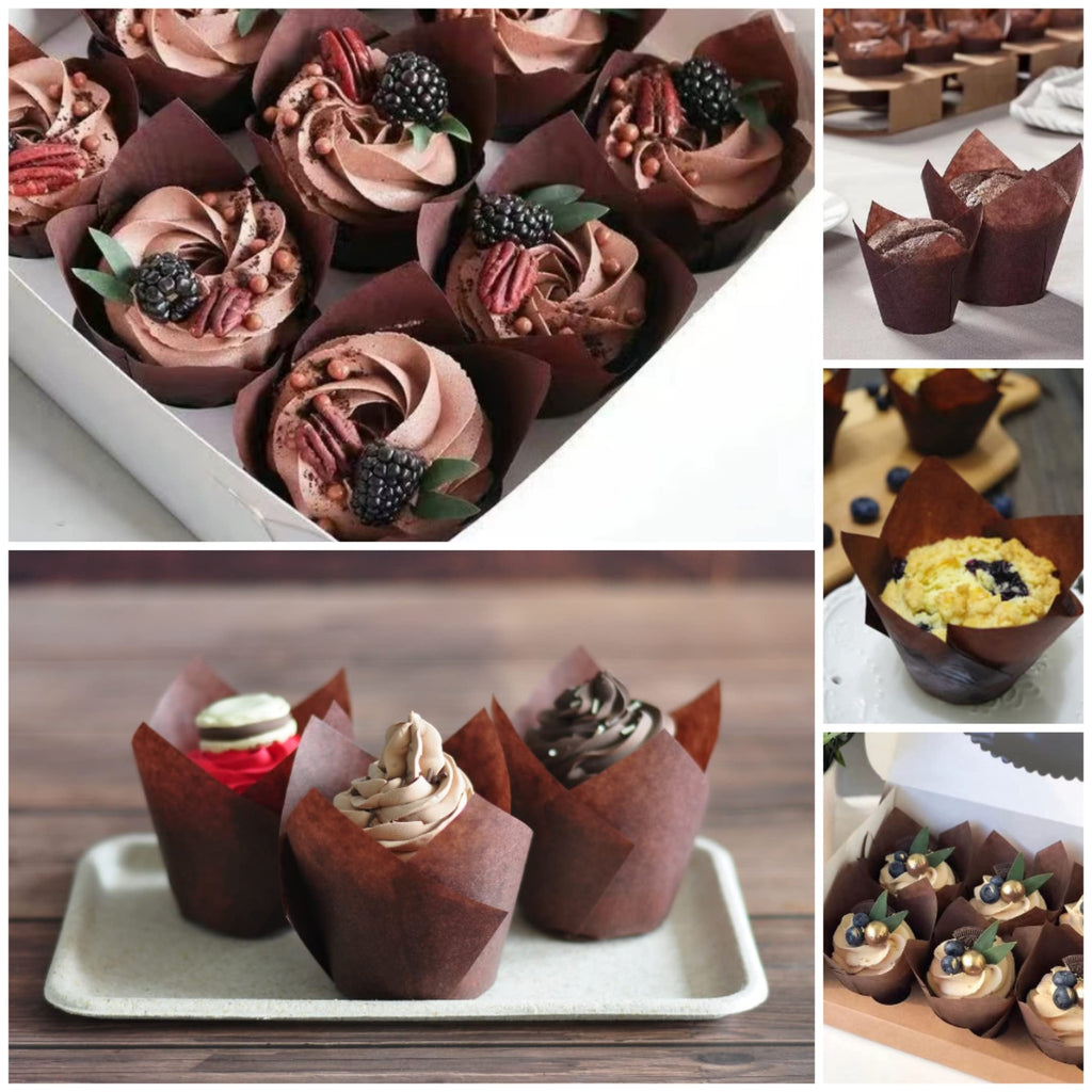 MyBakning Large size White+Brown Tulip Baking Cups 2-1/4"(Base diameter) x 4"(Wall height) Greaseproof paper baking cupcake Muffin liners, Case of 130 pcs