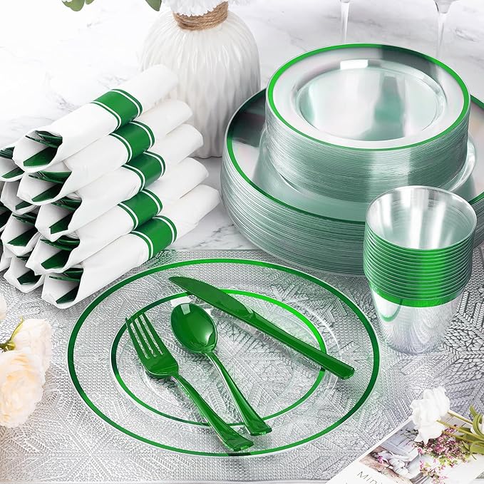 Goodluck 350 Pcs Clear Green Disposable Plastic Dinnerware Sets for 50