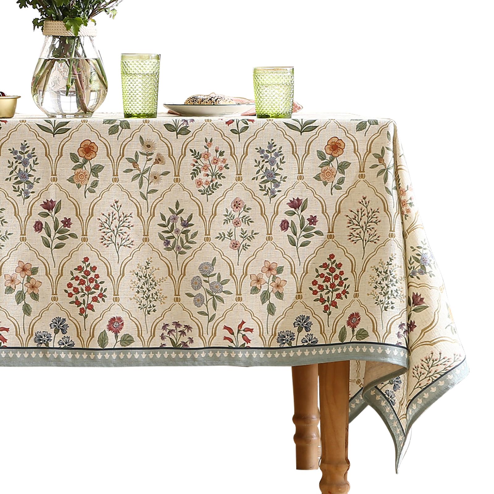 ISAENNE Designer Vintage Linen Rectangular Tablecloth,110"x63"-Serenity B