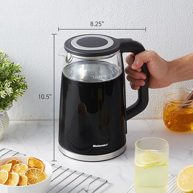 Elite Gourmet 1.7L Dual-Wall Cool-Touch Tea Kettle, Touchscreen, Black