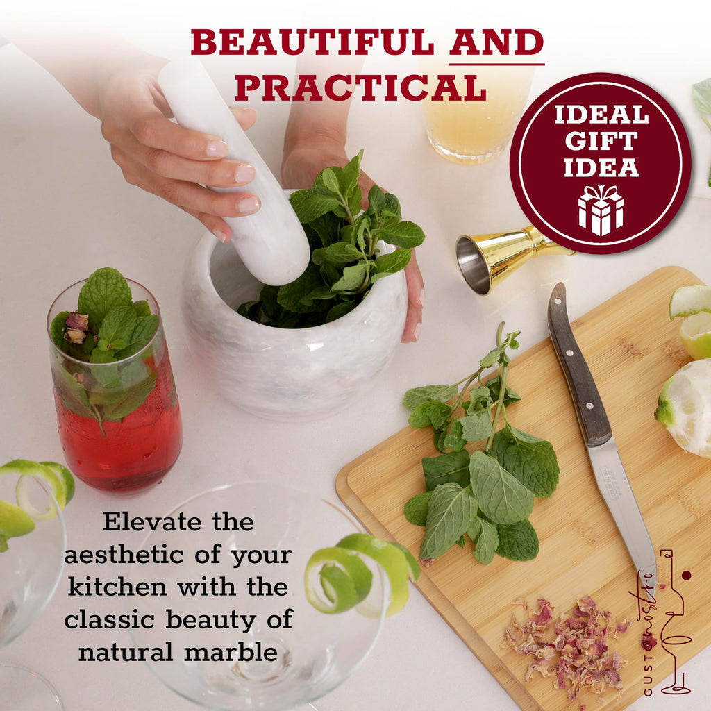 Gusto Nostro Natural Marble Mortar and Pestle Set | 5 Inch - 2.5 Cup Large Mortar Pestle Set for Grinding Herbs, Nuts, Grains | Pesto Grinding and Guacamole Stone Bowl | Marble Spice Crusher
