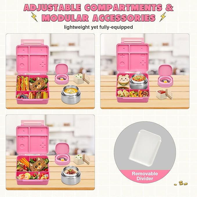 FAJSL Game Bento Box for Kids, Lunch Box with Thermo(9oz Food Jar), Folding Spoon, Removable Divider & Sauce Cup, Lunch Box Kids for School,Travel, BPA-Free & Realistic Shape (Pink)