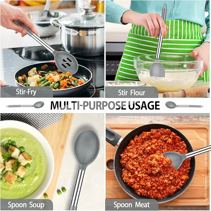 Pack of 2 Large Silicone Cooking Spoons, BPA Free Kitchen Scoops (Grey)