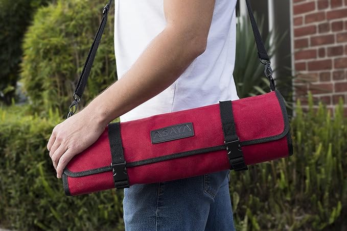 Asaya Waxed Canvas Chef Knife Roll Bag with 10 Slots and a Zipper Pocket - Professional Chef Knife Bag & Storage Case, with Shoulder Strap - Knives Not Included (Red)