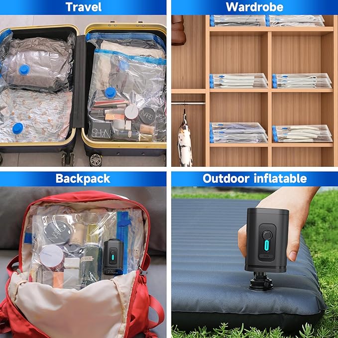 Gyreuni Travel Vacuum Storage Bags Combo Portable Wireless Electric Pump,12 Pack Compression Bags for Travel,Space Saver Vacuum Storage Bags for Clothing and Luggage