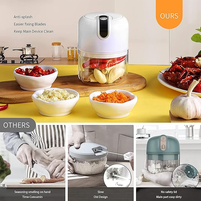 250ML Electric Garlic Chopper, 1 CUPS Mini Portable Veggie Choppers, Garlic Grinder Masher Onion Chopper, Blender to Vegetable, Wireless Food Processor for Ginger, Chili, Fruit, Meat, etc