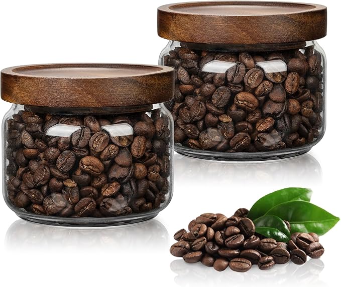 piconesper 2PCS Small Glass Storage Jars with Airtight Lids, 11 fl oz (300ml) coffee container with Wooden Lid, Glass Pantry Canister for Beans, Rice, Sugar and etc