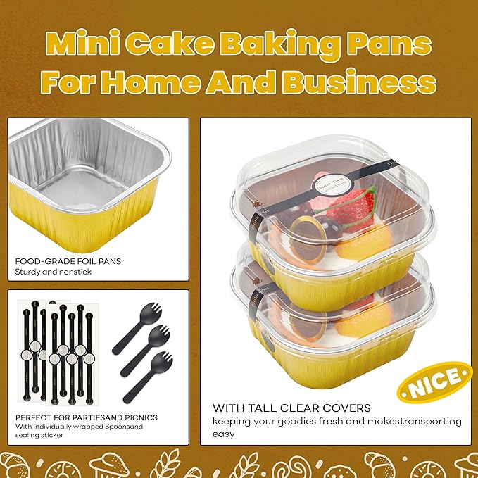 NPLUX Square Aluminum Pans with Lids, 50 Pack Gold for Dessert Displays
