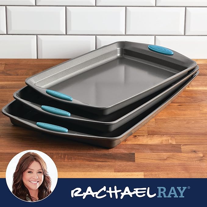 Rachael Ray Nonstick Baking Pans Set, 3-Piece Cookie Pan Bakeware, Gray with Agave Blue Silicone Grips