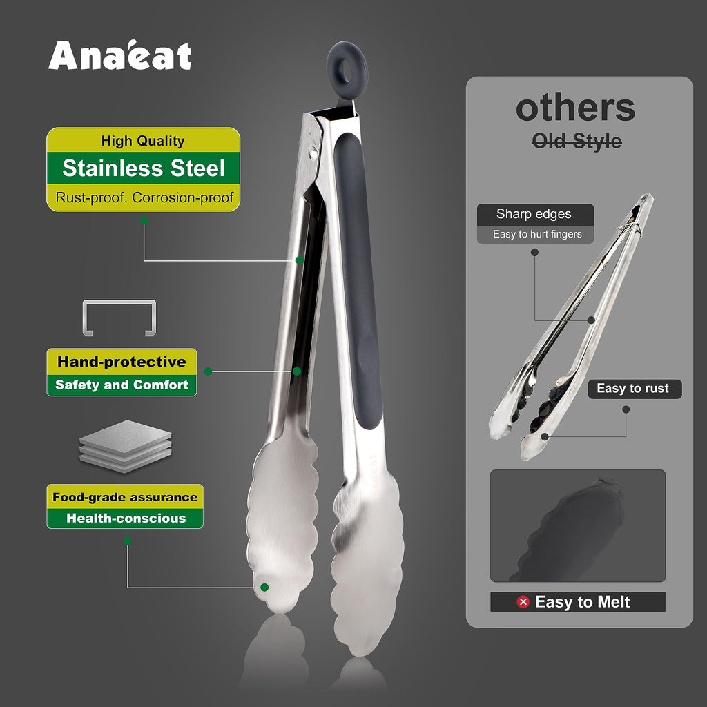 Anaeat Stainless Steel Locking Tong Set of 3 - Premium 7, 9 and 12 inch Kitchen Food Tongs with Non-Slip Silicone Tips and Grip for Serving, Cooking, Baking and BBQ - Heavy Duty & Heat Resistant