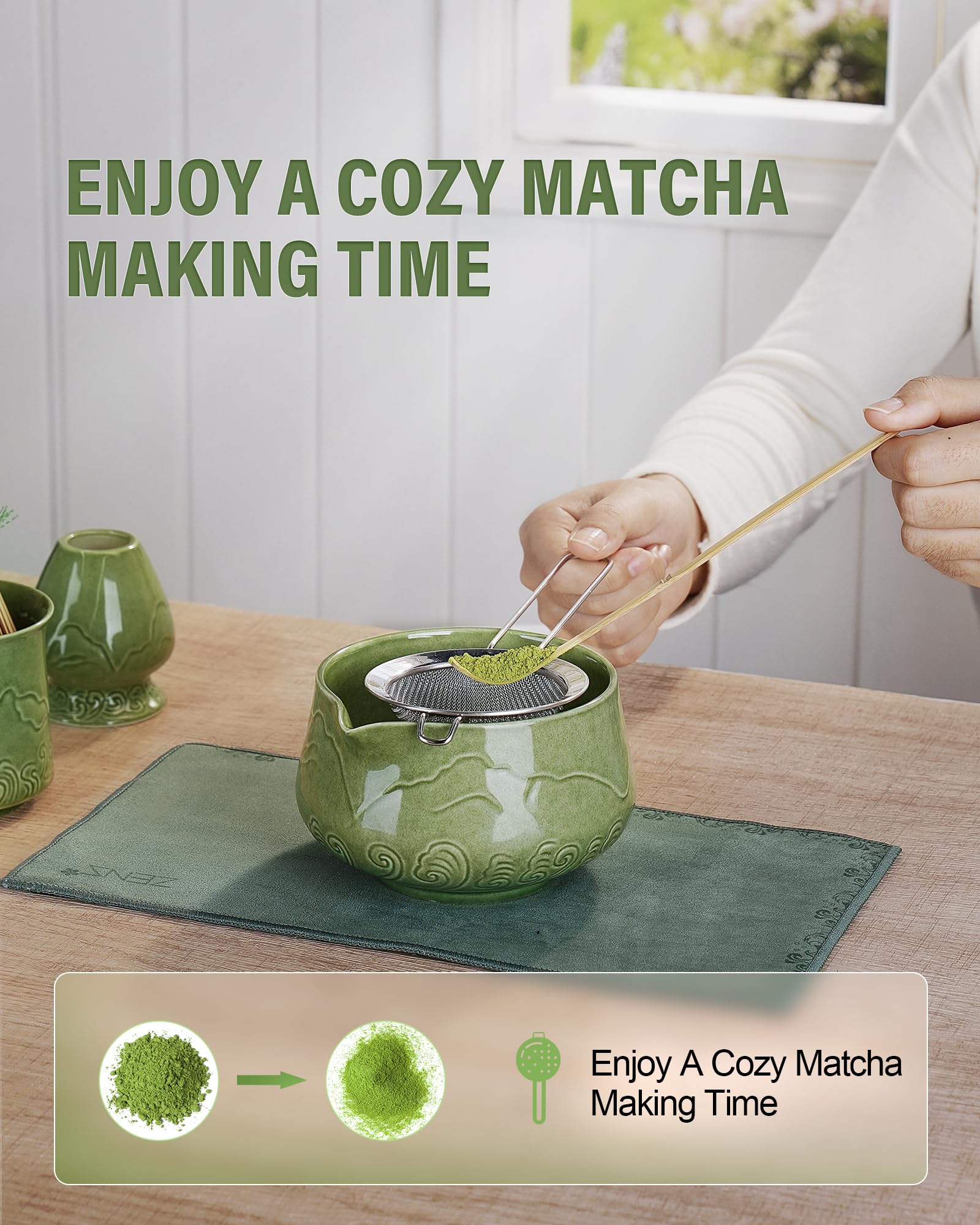 ZENS Premium Matcha Whisk Set, 6pcs Matcha Kit for Matcha Latte, Green