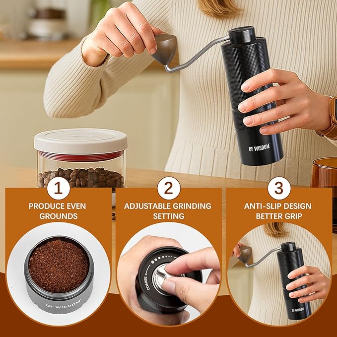 CF WISDOM Portable Manual Coffee Grinder with Stainless Steel Conical Burr