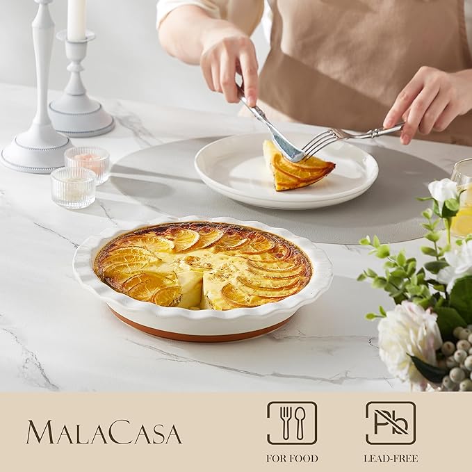 MALACASA Ceramic Pie Pan for Baking - 9 inch Pie Plate, Quiche Baking Dish