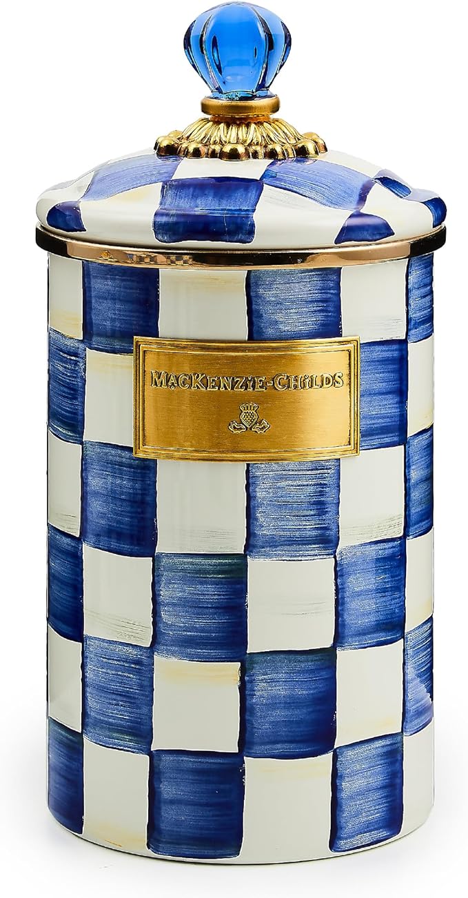 MACKENZIE-CHILDS Enamel Canister, Large, Blue-and-White Royal Check