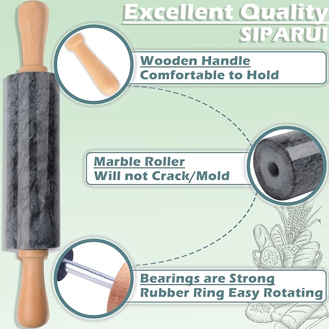 SIPARUI Marble Rolling Pin with Wooden Cradle Thick Handle Set for Baking,18.5 inch Premium Quality Polished Roller for Pizza Dough,Fondant,Pie Crust,Non-Stick Surface Easy to Clean(Black)