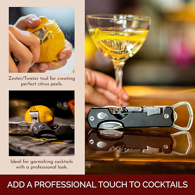 Bar Star Bartender's All-in-One Bar Tool Set: Corkscrew, Zester, Citrus Knife and Bottle Opener Kit with Magnet for Picnics, Tailgating, BBQs, Camping, Travel, Beach Parties and Bartending, Black